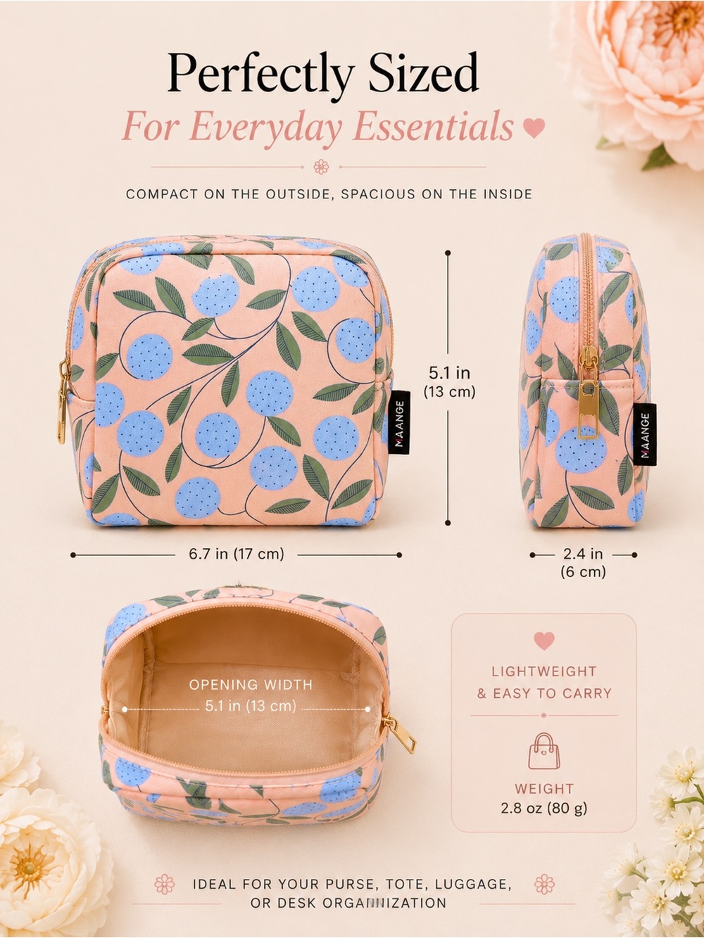 Botanical Cosmetic Pouch | Makeup Bag | Purse Organizer | Travel Bag - Picture 5 of 5